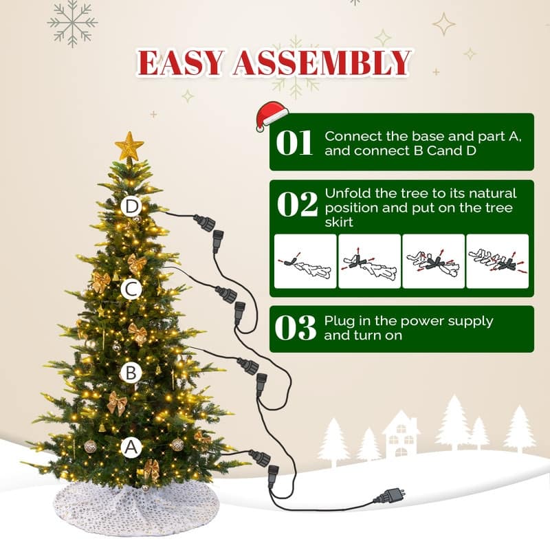7.5 FT Artificial Christmas Tree with 400 Warm White LED Lights and Gold Ornaments