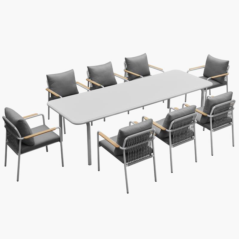 HIGOLD Patio 9-Piece Outdoor Dining Set, Aluminum Frame and Teak Armrest Cushioned Chairs