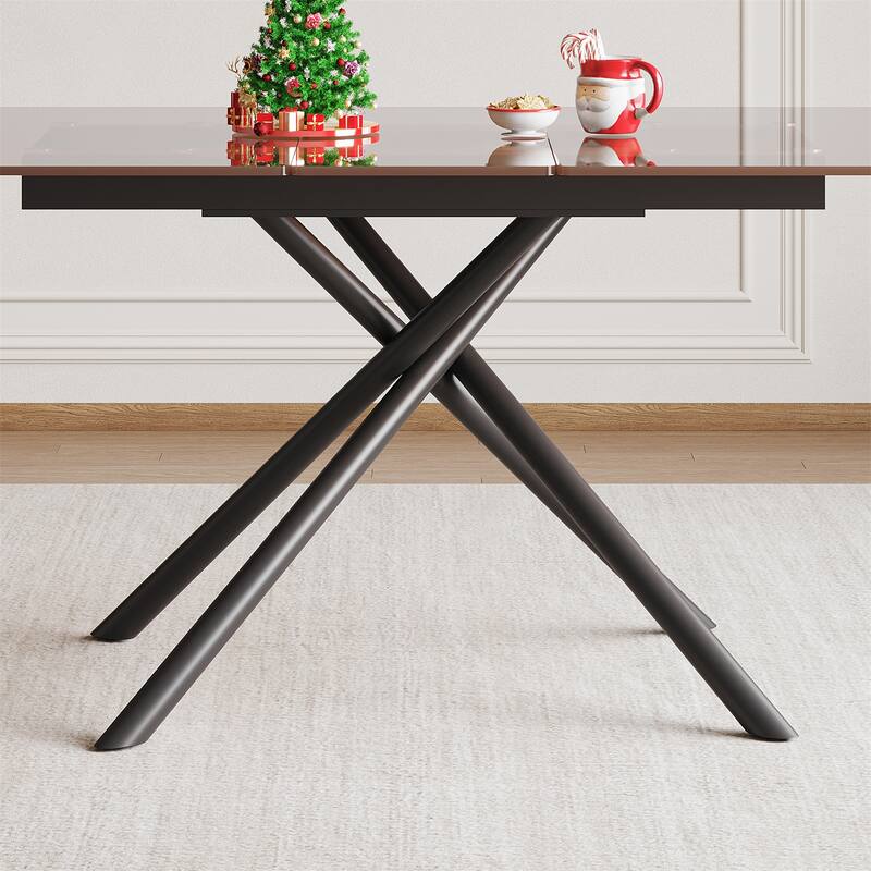 Modern Rectangle Expandable Dining Table with Retractable Leaf, Carbon Steel X-Base