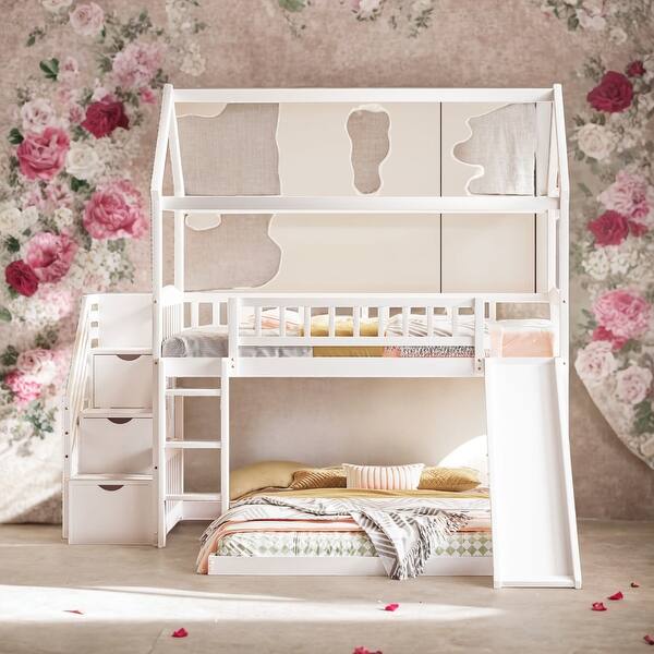 slide 2 of 39, Twin Over Twin Bunk Bed with Slide and Storage White
