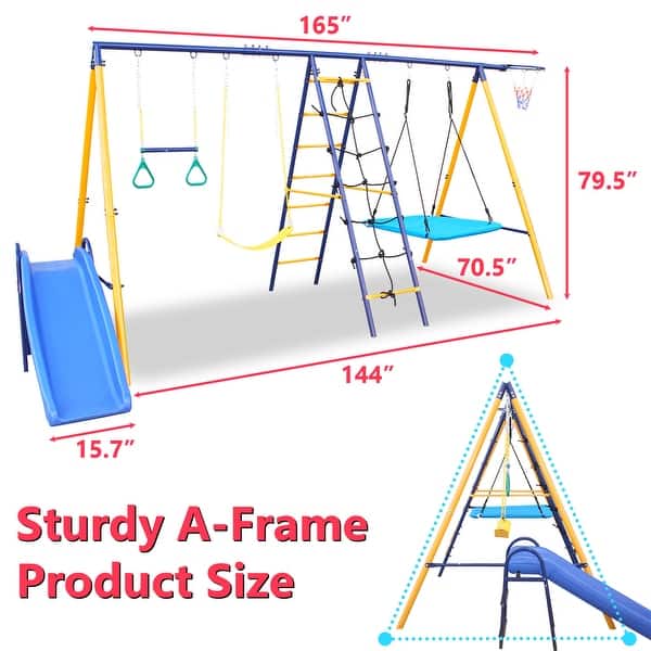 7 in 1 Kids Backyard Outdoor Heavy-Duty Metal Swing Set with Slide - 7-In-1