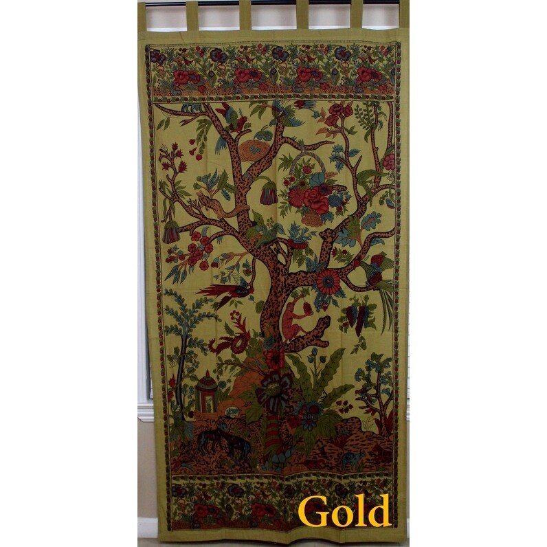 Handmade Cotton Tree of Life Tab Top Curtain Drape Door Panel 44x88 Olive Green 