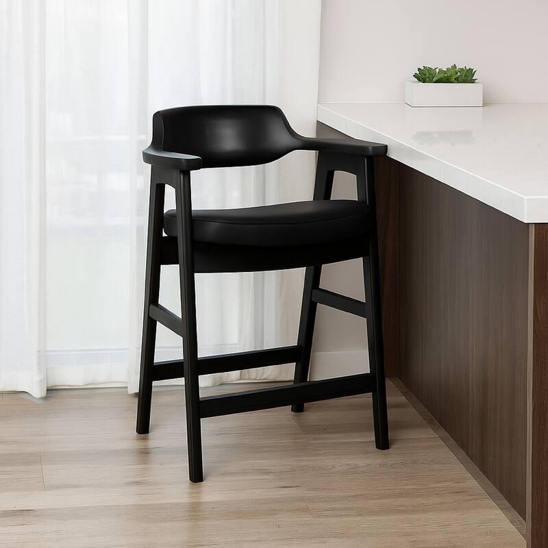 Zsy Counter Stool Chair, Open Back, Black Birch Wood and Faux Leather