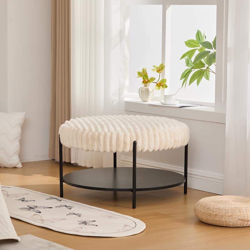 30.9"Wide Upholstered Round Ottoman Coffee Table Foot Rest With,Footstool With Wooden Open Storage Shelf,Faux Fur Footstool
