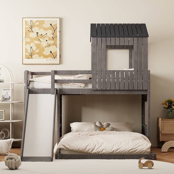 slide 2 of 16, Wood Twin over Full Bunk Kids Bed,Loft Bed with Playhouse,Guardrails Antique Grey