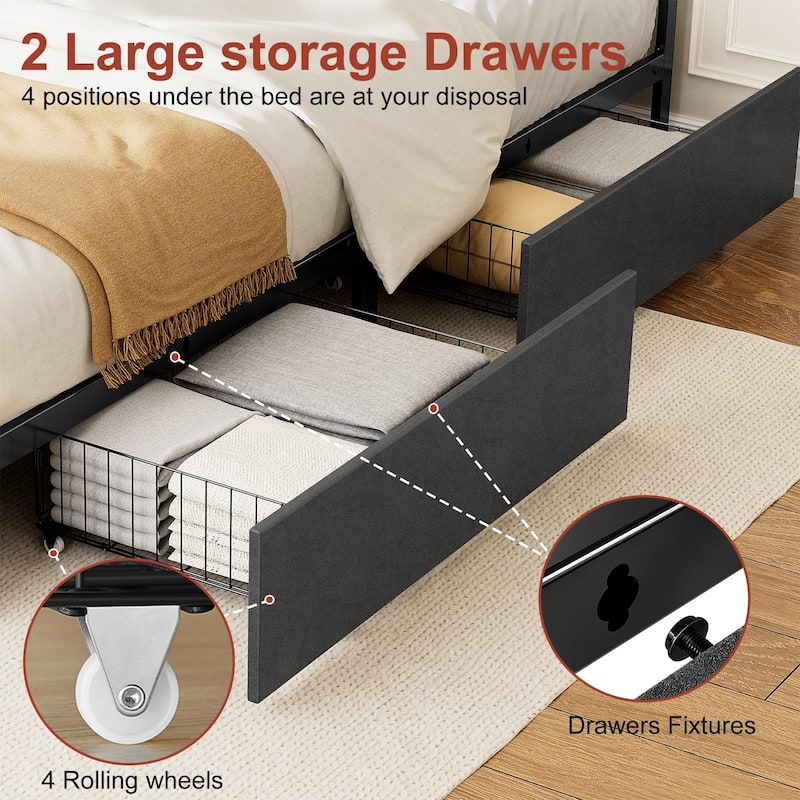 Hausource King Size Upholstered Bed Frame with LED Headboard, 2 Drawers, Charging Station, Beige