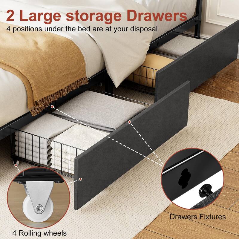 Hausource Queen Size Upholstered Bed Frame with LED Headboard, 2 Drawers, Charging Station, Grey