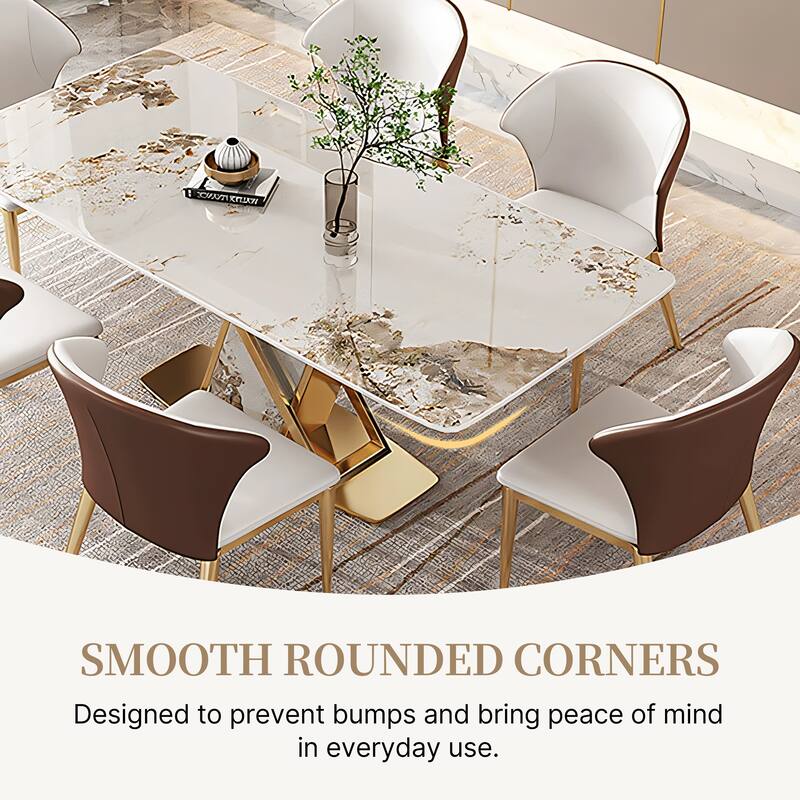 71" Rectangular Modern Dining Table, Glossy Stone tabletop, Luxury Kitchen Table for Dining Room, for 6