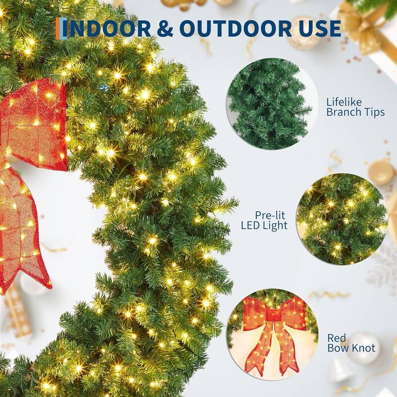 Pre-Lit Christmas Wreath with Bow for Indoor Outdoor Holiday Party