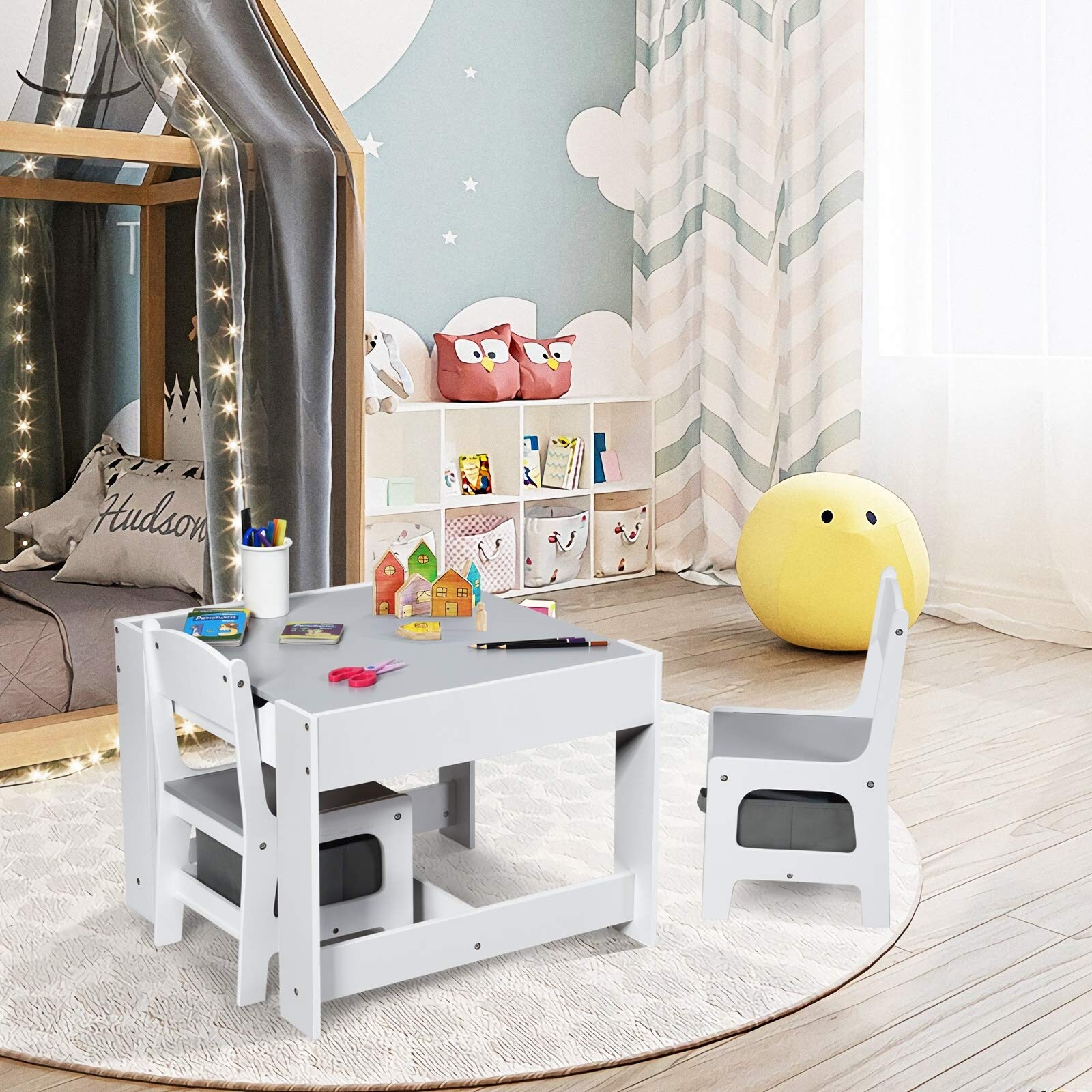 Kids Art Table and 2 Chairs, Wooden Drawing Desk, Activity