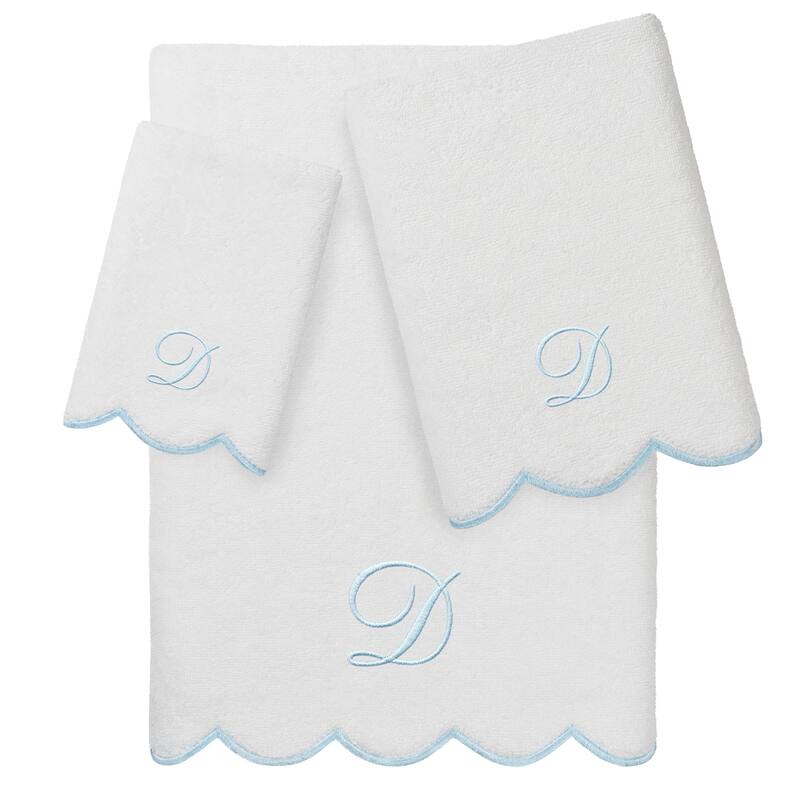 Authentic Hotel and Spa 100% Turkish Cotton Blue ADORNIA Scallop Personalized 3 Piece Towel Set - 3 Piece Set - D