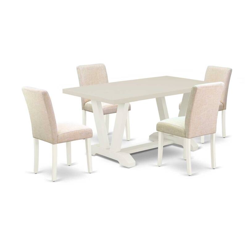 HomeStock 5-Pc Rectangle Natural Oak Finish Solid Wood Top Dining Table with 4 Parson Chair