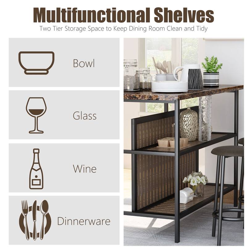 Grondin Mid-Century Modern 3-Piece Faux Marble Top Kitchen Island Set with 2 Stools and Shelves