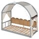 preview thumbnail 7 of 43, Twin Size Extended Pinewood Bed Frame with Arched Roof, Tent, Light Strip, Whiteboard & Trundle for Kids' Sleep Space, Grey