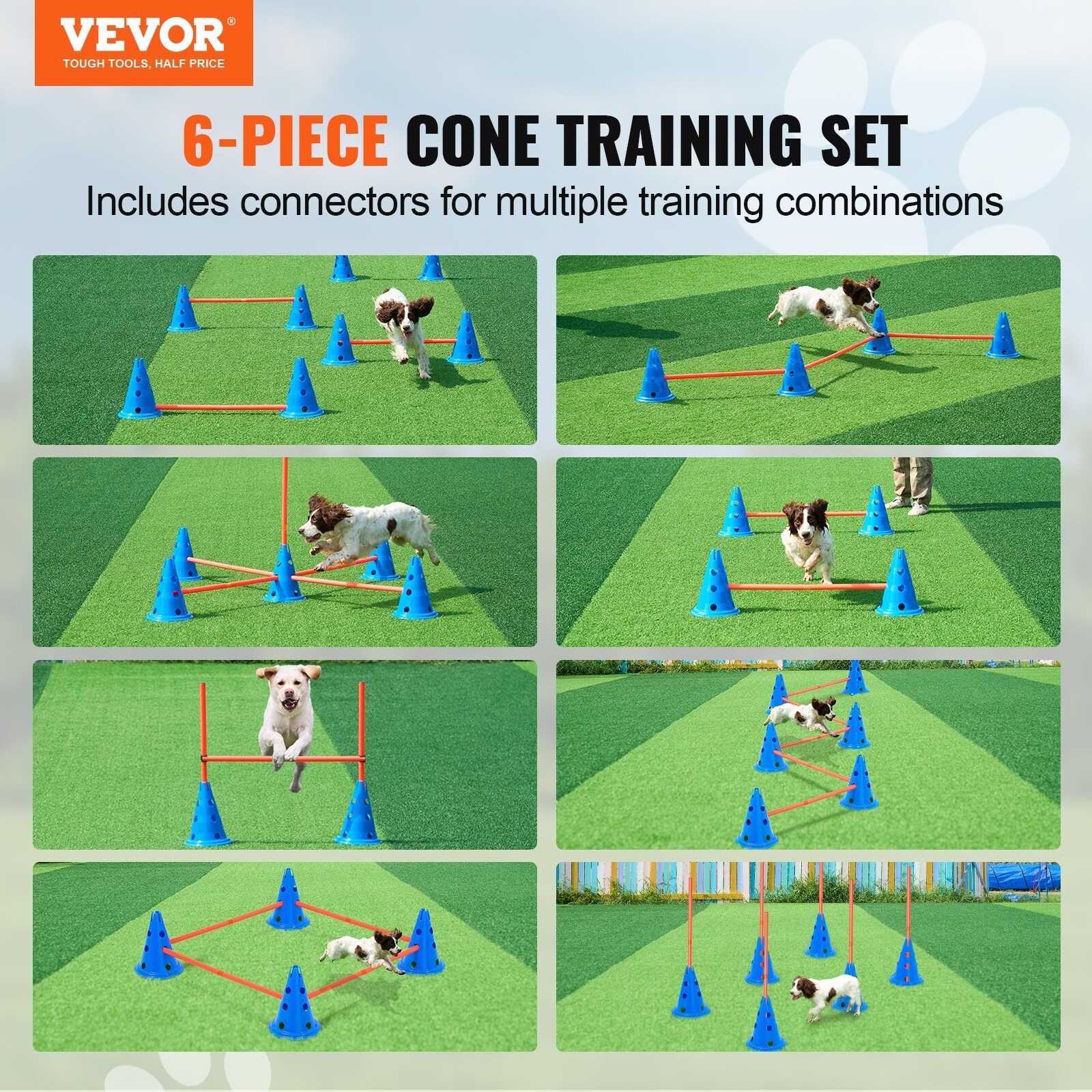 Aufun 6er Steckhürdenset Koordinationstraining, Kegelhürden 12 rote Kegel: 32cm 6 gelbe Stangen: 1m, Höhenverstellbar mit Löchern Agility Hürden Steckhürden für Kinder, Hunde, Pferde