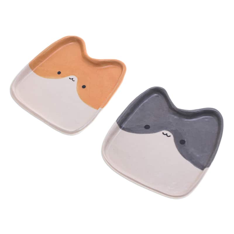 Novica Handmade Dual Felines Ceramic Catchalls (Set Of 2)