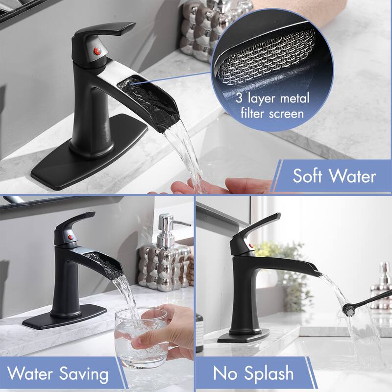 Single hole 1-handle Waterfall Handle Bathroom Sink Faucet with Drain with Deck Plate