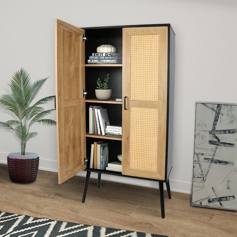 Rustic Wooden Farmhouse Storage Cabinet with Double Rattan Doors