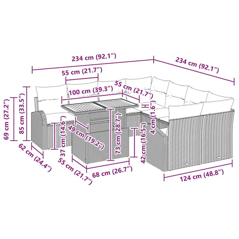 vidaXL 11 Piece Garden Sofa Set with Cushions - 135.4×70.5×27.2