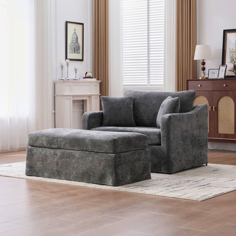 Set of Modern Chenille Accent Chair and Storage Ottoman - Charcoal