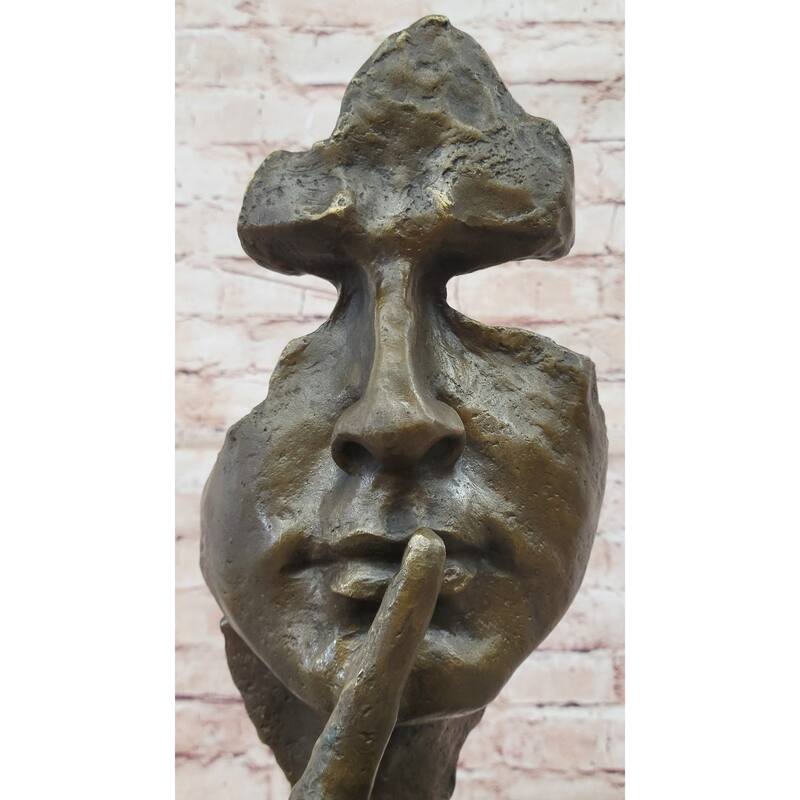 Abstract Dali Bronze Face Sculpture – Silence Shushing Statue On Marble Base