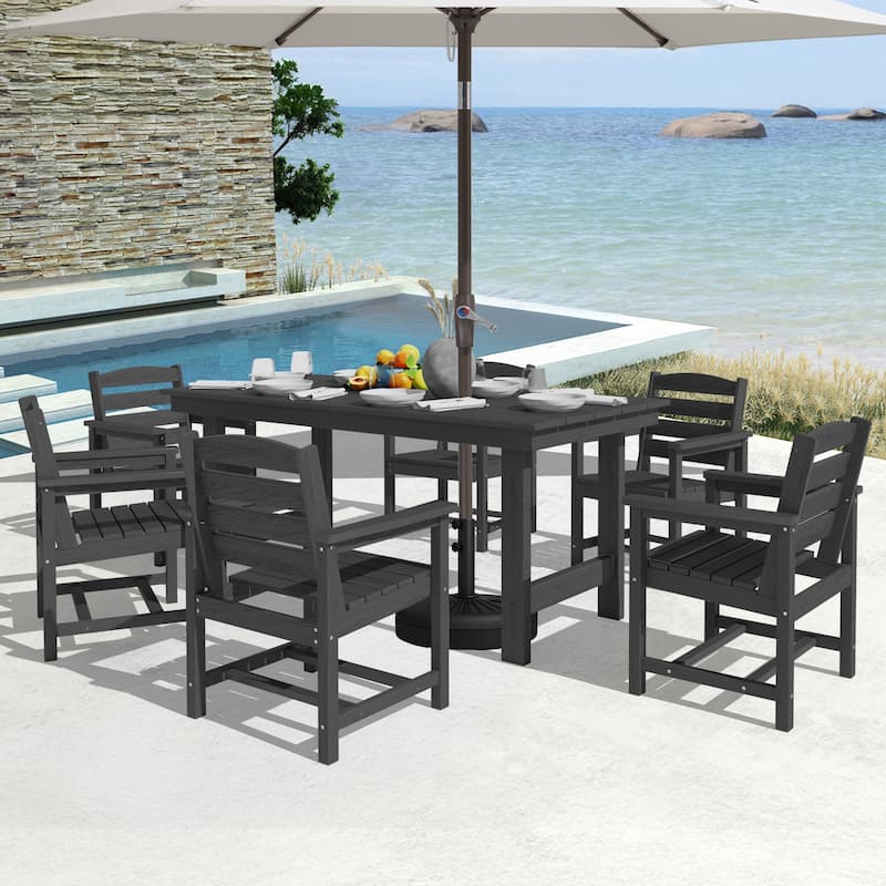 7-Piece HDPE Outdoor Dining Table Sets with Umbrella Hole - 1-Table 6-Chairs