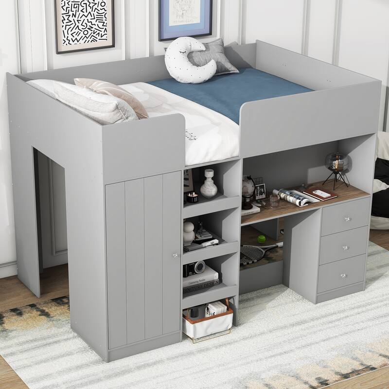 Full Size Loft Bed with Built-in Wardrobe, Desk, Storage Shelves and Drawers, Grey
