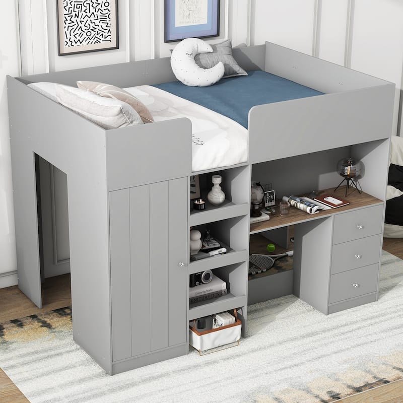 Wood Full Size Loft Bed with Built-in Wardrobe, Desk, Storage Shelves and Drawers