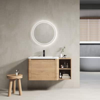 Wall-Mounted Bathroom Vanity with Ceramic Sink and Storage Shelves