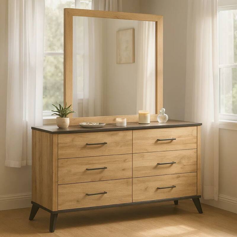 Wemy Wide Dresser with Matching Mirror, 6 Drawers, Brown Wood