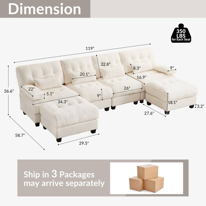 119" Chenille Sectional Sofa with 2 Ottomans and 4 Pillows, Adjustable Backrests