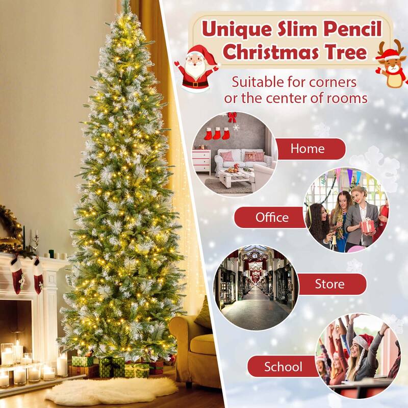 6/7.5/9 FT Pre-Lit Pencil Christmas Tree Snow Flocked Slim Artificial Tree - Green & White