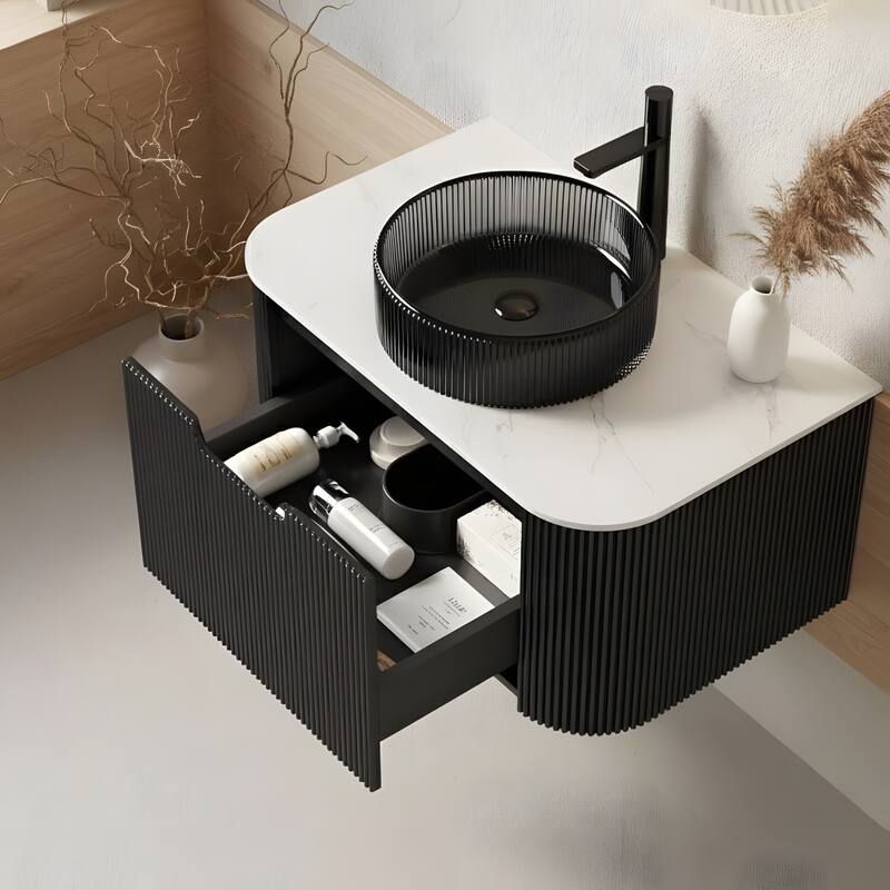 Wall Mounted Bathroom Vanity with Transparent Black Round Glass Basin