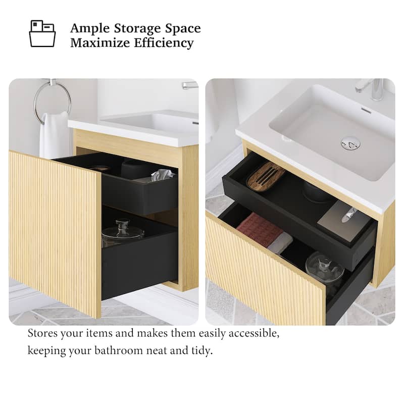 Floating Bathroom Vanity in Yellow Oak with Integrated Resin Top