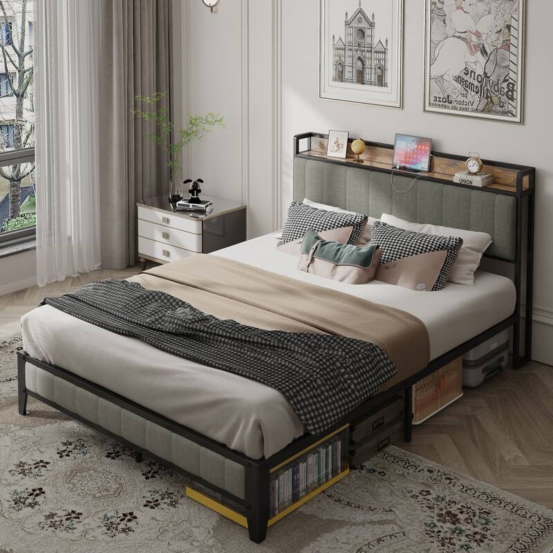 Full Size Bed Frame with Charging Station, Upholstered Headboard, Metal Platform, Grey