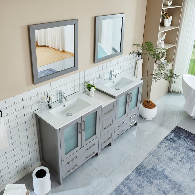 Vanity Art 72" Double Sink Bathroom Vanity Set 7 Dove-Tailed Drawers, 2 Cabinets, 2 Shelves, Soft-Closing Doors with Free Mirror