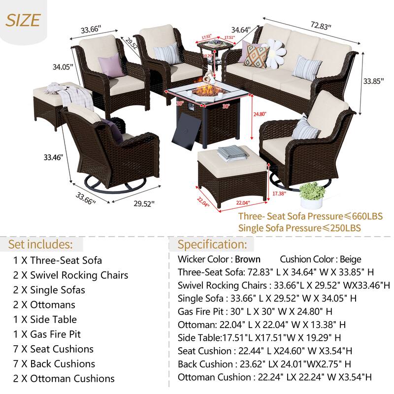 OVIOS 9-piece Patio Wicker Swivel Chair Set With 30" Fire Pit