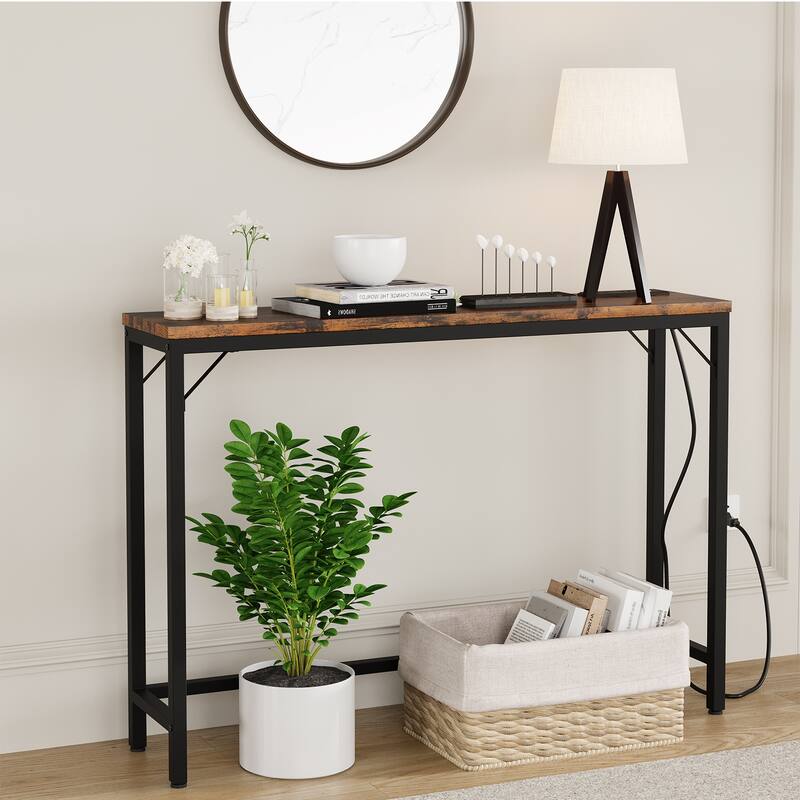 Console Table with Outlets, Narrow Sofa Table with Charging Station