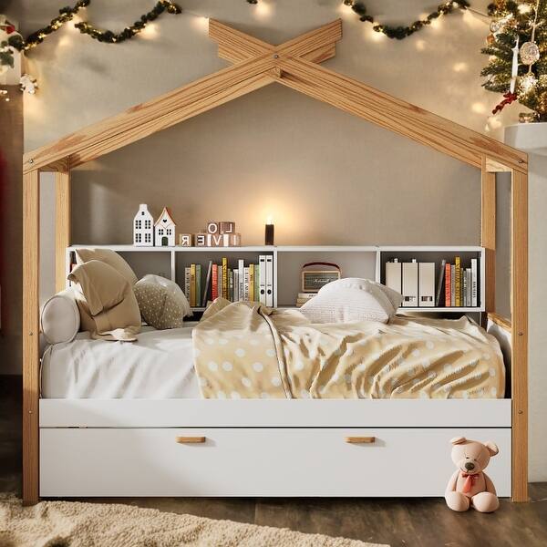 slide 2 of 10, White Full Size Kids Bed House Bed with Twin Size Trundle and Bookshelf White