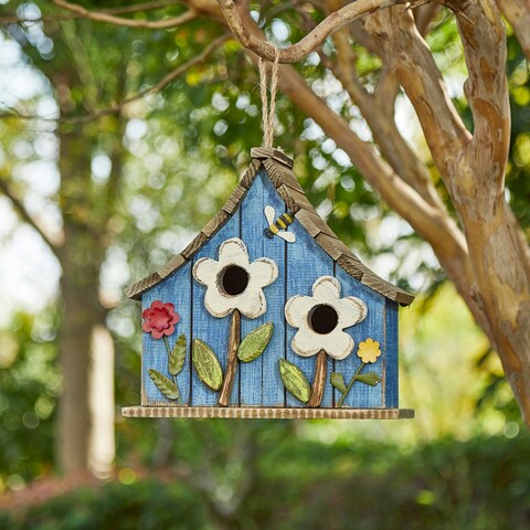 Glitzhome 10.5"H Distressed Solid Wood Birdhouse with 3D Flowers - 10.5"
