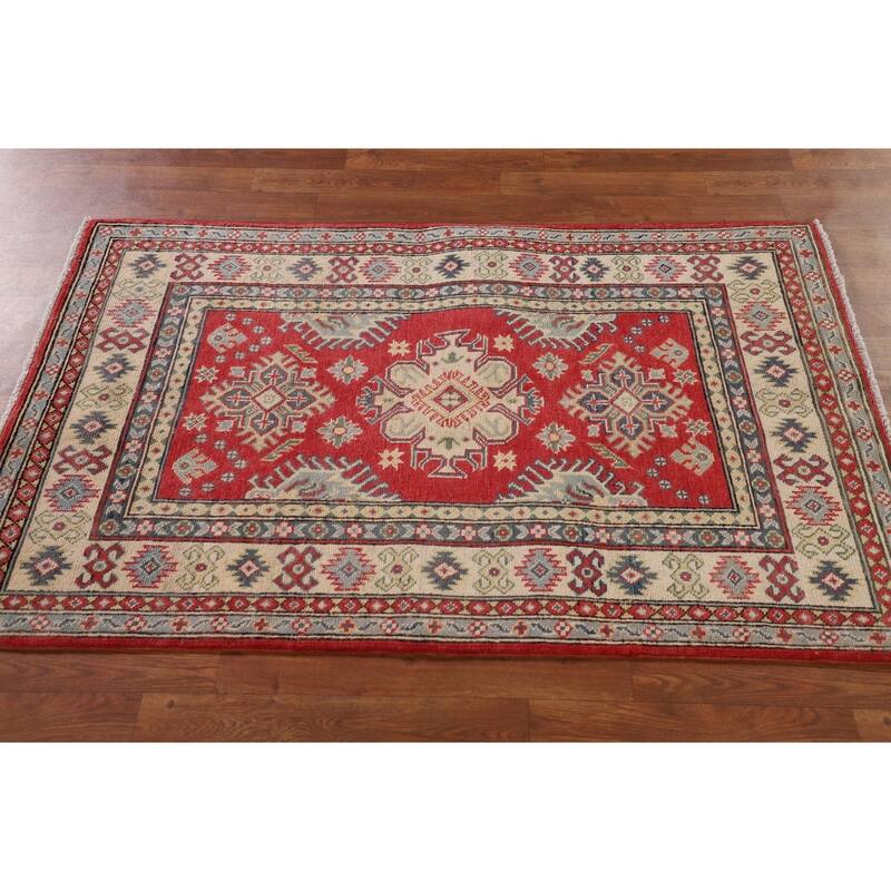 Geometric Kazak Accent Rug Handmade Red Wool Carpet - 3'2"x 5'0"