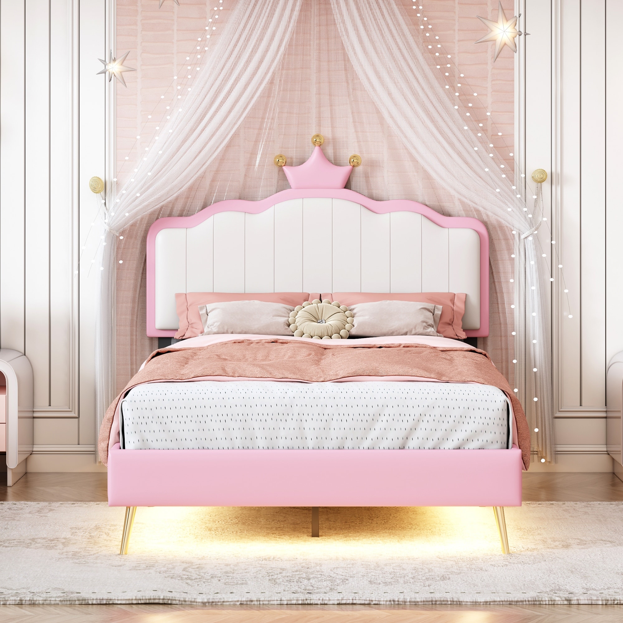 Twin Size Pink Fairytale Princess Bed PU Upholstered Platform Bed with  Crown Headboard \u0026 Golden Metal Legs \u0026 Light Strips - Bed Bath \u0026 Beyond -  41208648, image size:2000x2000