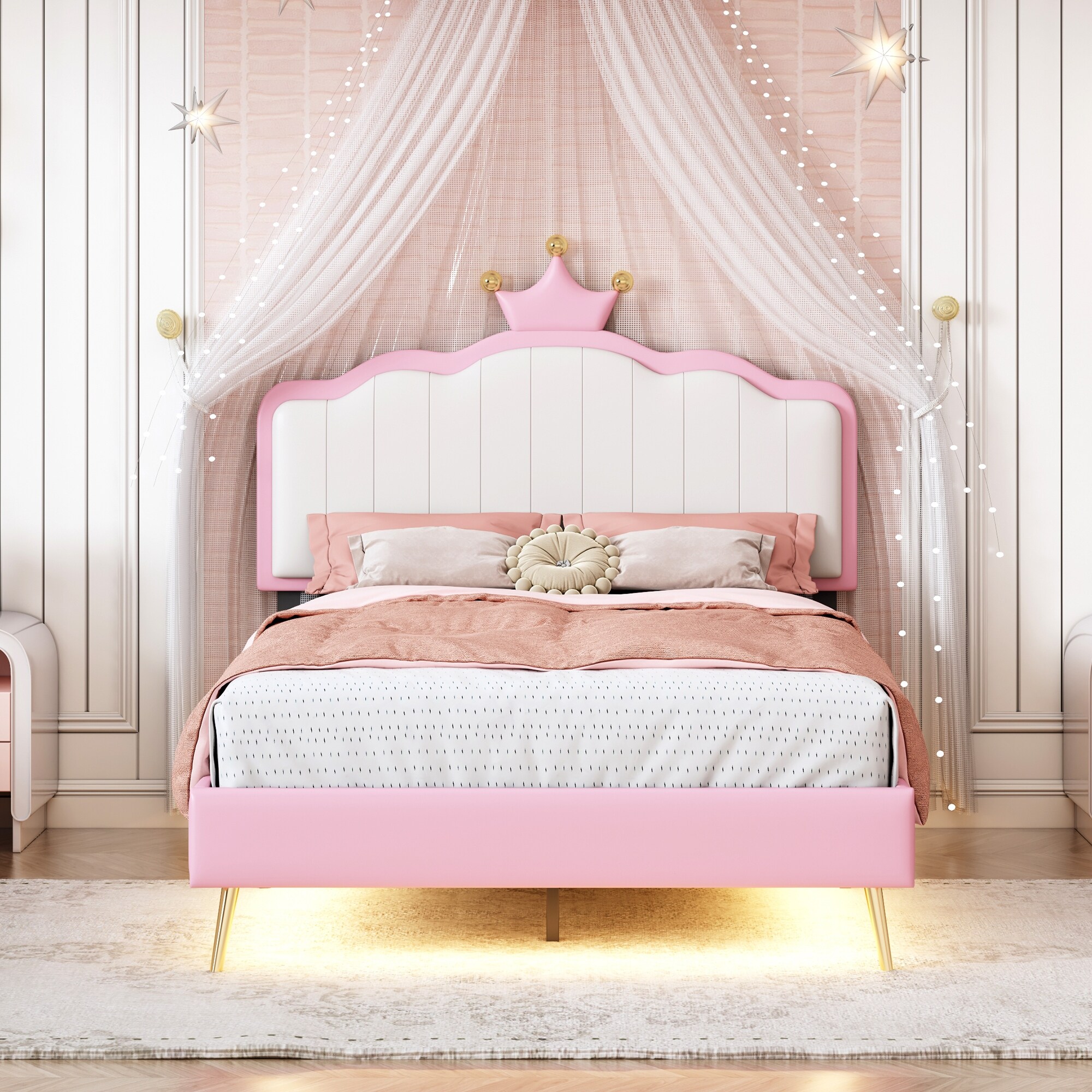 Twin Size Pink Fairytale Princess Bed PU Upholstered Platform Bed with Crown Headboard Golden Metal Legs Light Strips Bed Bath Beyond 41208648