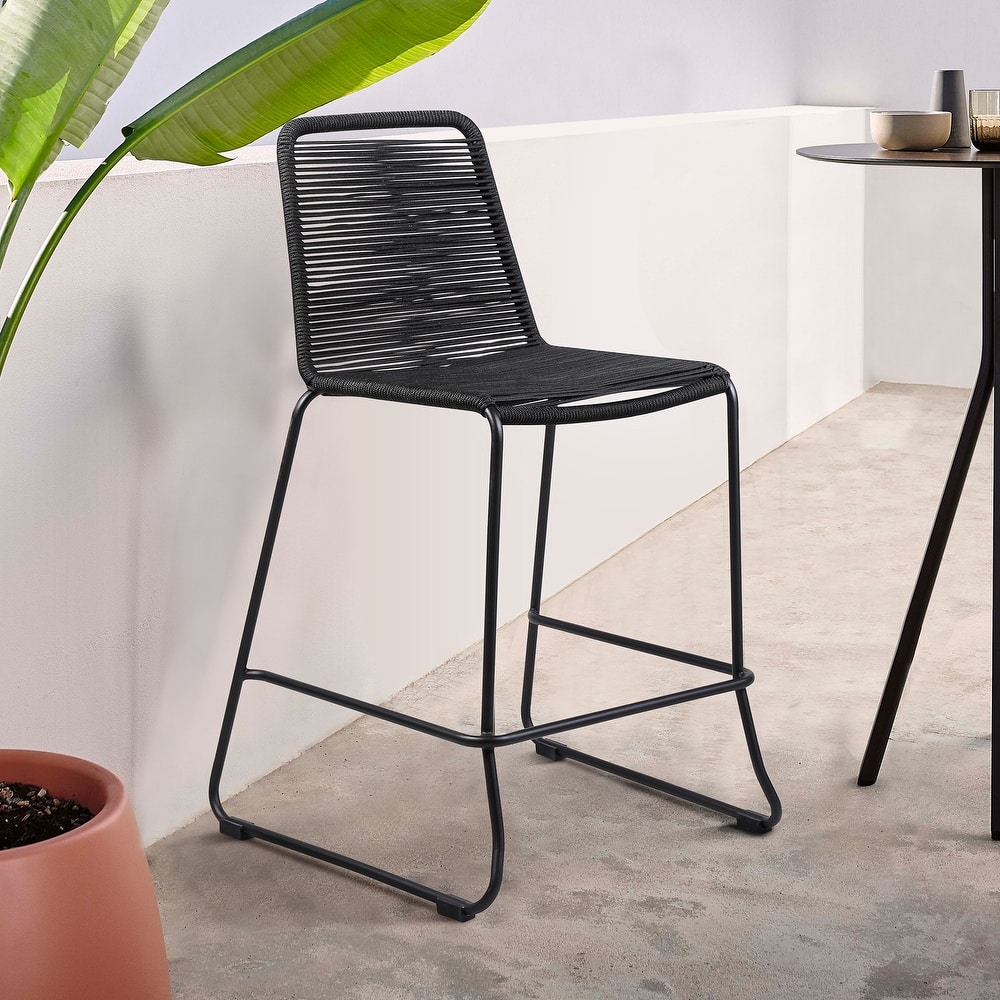 Shasta Black Steel and Rope Indoor Outdoor Bar Height Stackable Patio Bar Stools - Set of 2 - Bar Height