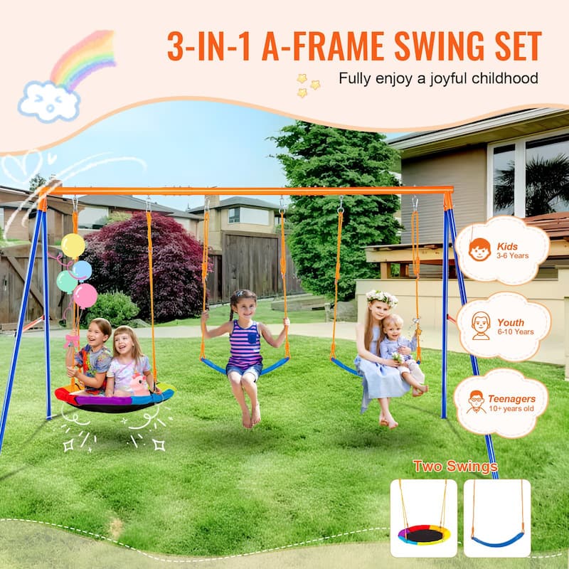 Swing Sets Included 1 Saucer 2 Belt Swing Seats with A-Shape Frame Metal Stand - 120"L x 72.01"W x 65"H