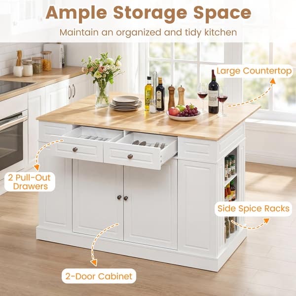 Gymax Large Kitchen Island Drop Leaf Breakfast Bar w/ Wood Top Shelves ...