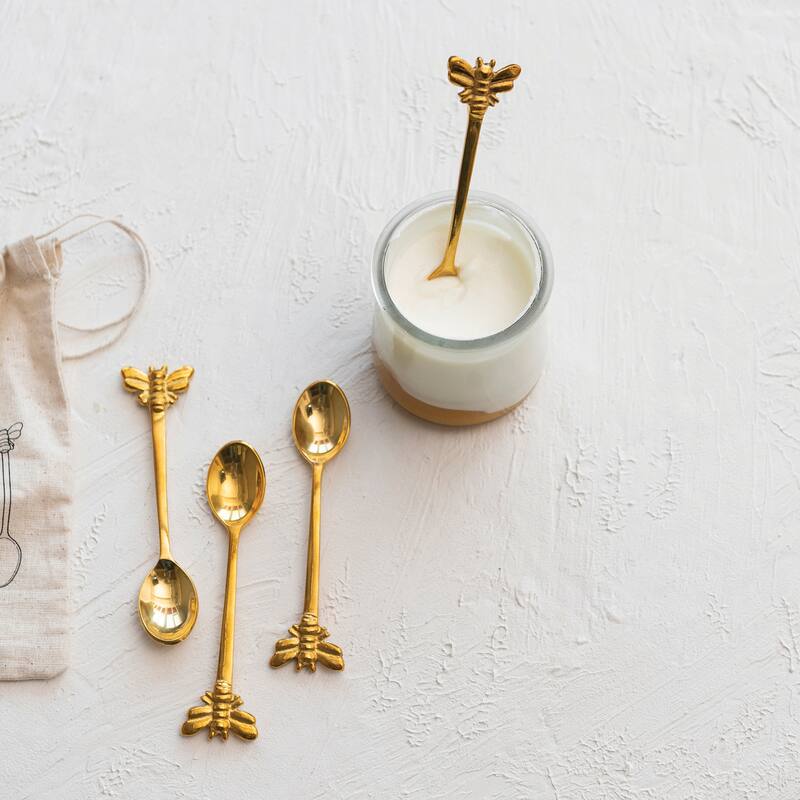 Brass Spoons with Bee Handles in Drawstring Bag - 4.5"L x 1.0"W x 0.3"H - 4.5"L x 1.0"W x 0.3"H