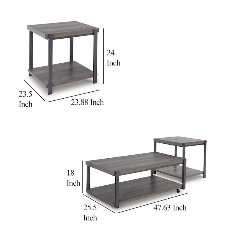 Jeni 3pc Coffee and End Table Set, Shelf and Casters, Gray Black Metal