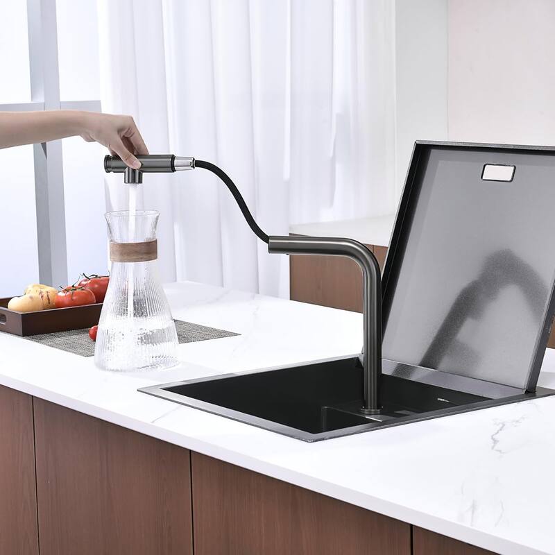 Lefton RV Kitchen Sink, 17" Stainless Steel Single Bowl Drop-in Bar Sink with Liftable Pull-out Faucet for Small Kitchen Island