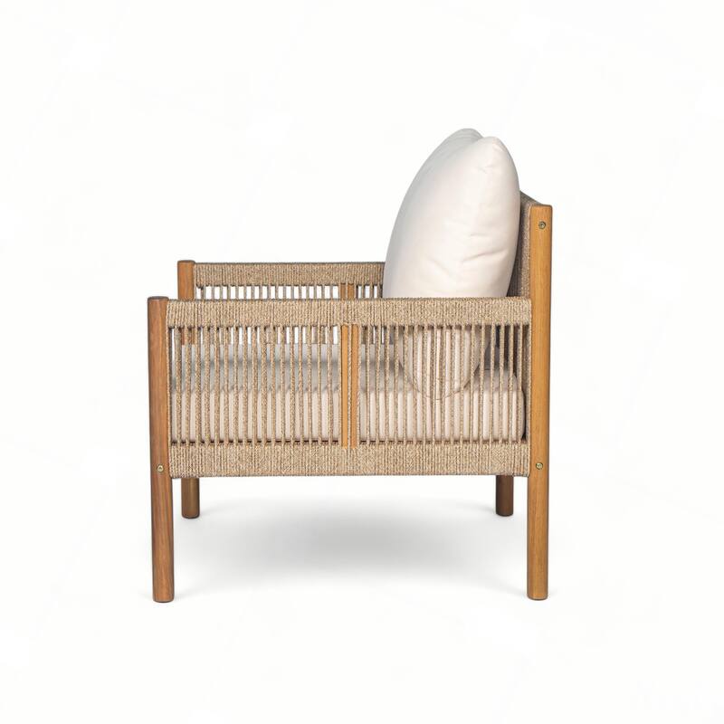 Outdoor Woven Lounge Chair with Solid Wood Frame and Comfortable Polyester Cushions